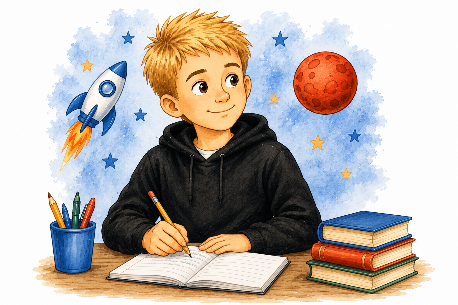 Colored-pencil illustration of a young writer with a notebook and Mars-themed drawings