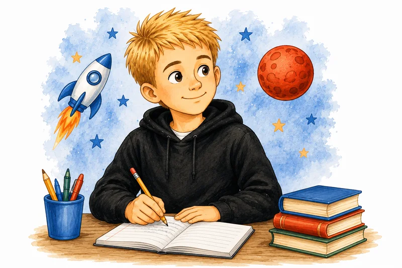 Colored-pencil illustration of a young writer with a notebook and Mars-themed drawings